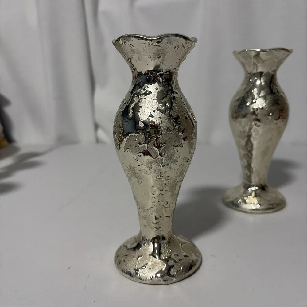 Two Vintage Weeping Gold Textured Bud Vases Mid Century Modern